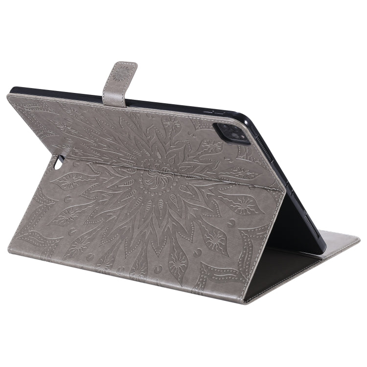 For iPad Pro 12.9 (2020) & Pro 12.9 (2018) Pressed Printing Sunflower Pattern Horizontal Flip PU Leather Tablet Case with Holder & Card Slots & Wallet(Grey) - iPad Pro 12.9 (2020) Cases by buy2fix | Online Shopping UK | buy2fix