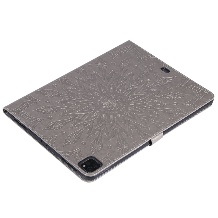 For iPad Pro 12.9 (2020) & Pro 12.9 (2018) Pressed Printing Sunflower Pattern Horizontal Flip PU Leather Tablet Case with Holder & Card Slots & Wallet(Grey) - iPad Pro 12.9 (2020) Cases by buy2fix | Online Shopping UK | buy2fix