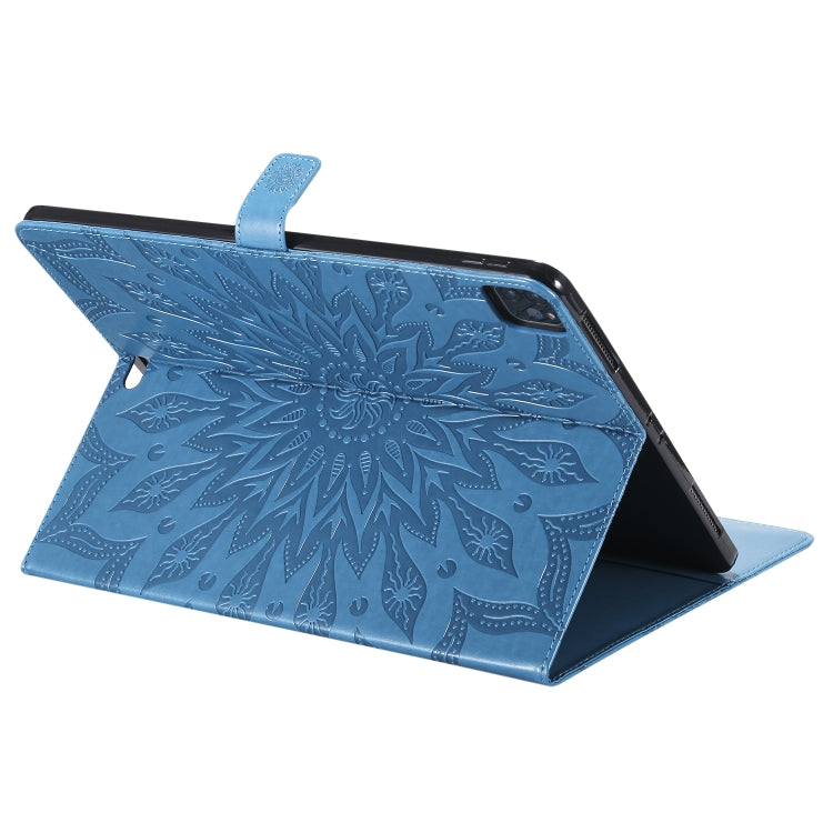 For iPad Pro 12.9 (2020) & Pro 12.9 (2018) Pressed Printing Sunflower Pattern Horizontal Flip PU Leather Tablet Case with Holder & Card Slots & Wallet(Blue) - iPad Pro 12.9 (2020) Cases by buy2fix | Online Shopping UK | buy2fix