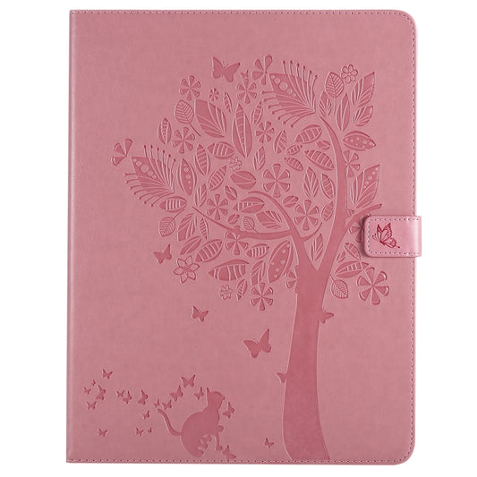 For iPad Pro 12.9 (2020) Pressed Printing Cat and Tree Pattern Horizontal Flip Leather Tablet Case with Holder & Card Slots & Wallet(Pink) - iPad Pro 12.9 (2020) Cases by buy2fix | Online Shopping UK | buy2fix