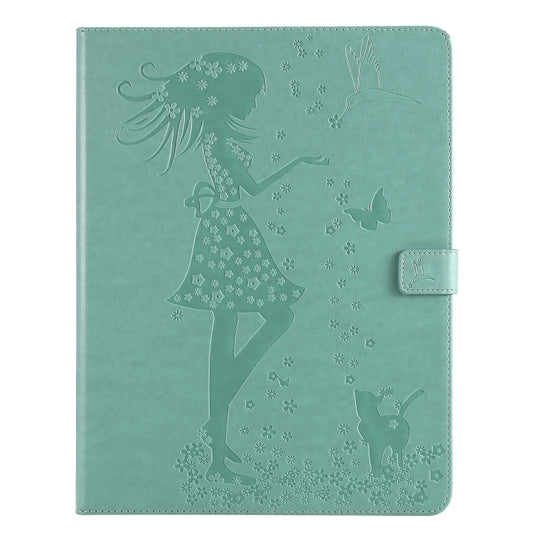 For iPad Pro 12.9 (2020) Pressed Printing Woman and Cat Pattern Horizontal Flip Leather Tablet Case with Holder & Card Slots & Wallet(Green) - iPad Pro 12.9 (2020) Cases by buy2fix | Online Shopping UK | buy2fix