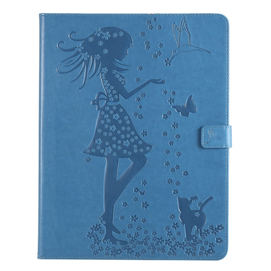 For iPad Pro 12.9 (2020) Pressed Printing Woman and Cat Pattern Horizontal Flip Leather Tablet Case with Holder & Card Slots & Wallet(Blue) - iPad Pro 12.9 (2020) Cases by buy2fix | Online Shopping UK | buy2fix