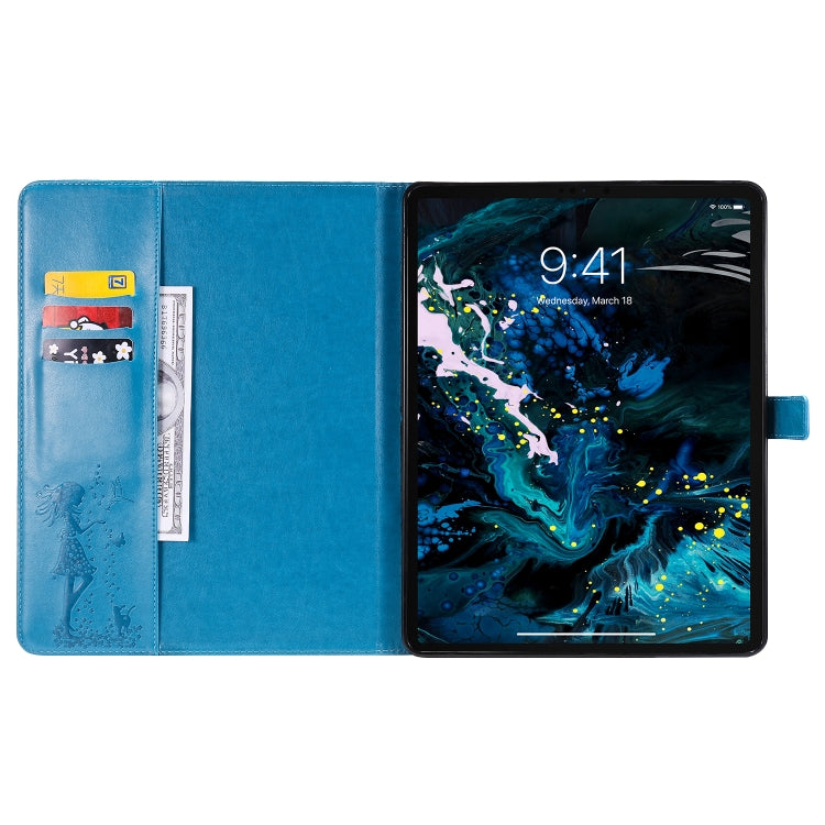 For iPad Pro 12.9 (2020) Pressed Printing Woman and Cat Pattern Horizontal Flip Leather Tablet Case with Holder & Card Slots & Wallet(Blue) - iPad Pro 12.9 (2020) Cases by buy2fix | Online Shopping UK | buy2fix
