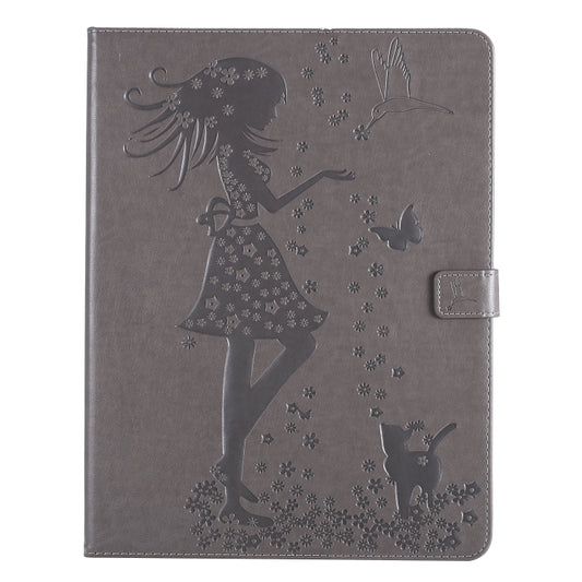 For iPad Pro 12.9 (2020) Pressed Printing Woman and Cat Pattern Horizontal Flip Leather Tablet Case with Holder & Card Slots & Wallet(Grey) - iPad Pro 12.9 (2020) Cases by buy2fix | Online Shopping UK | buy2fix