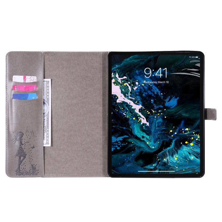 For iPad Pro 12.9 (2020) Pressed Printing Woman and Cat Pattern Horizontal Flip Leather Tablet Case with Holder & Card Slots & Wallet(Grey) - iPad Pro 12.9 (2020) Cases by buy2fix | Online Shopping UK | buy2fix