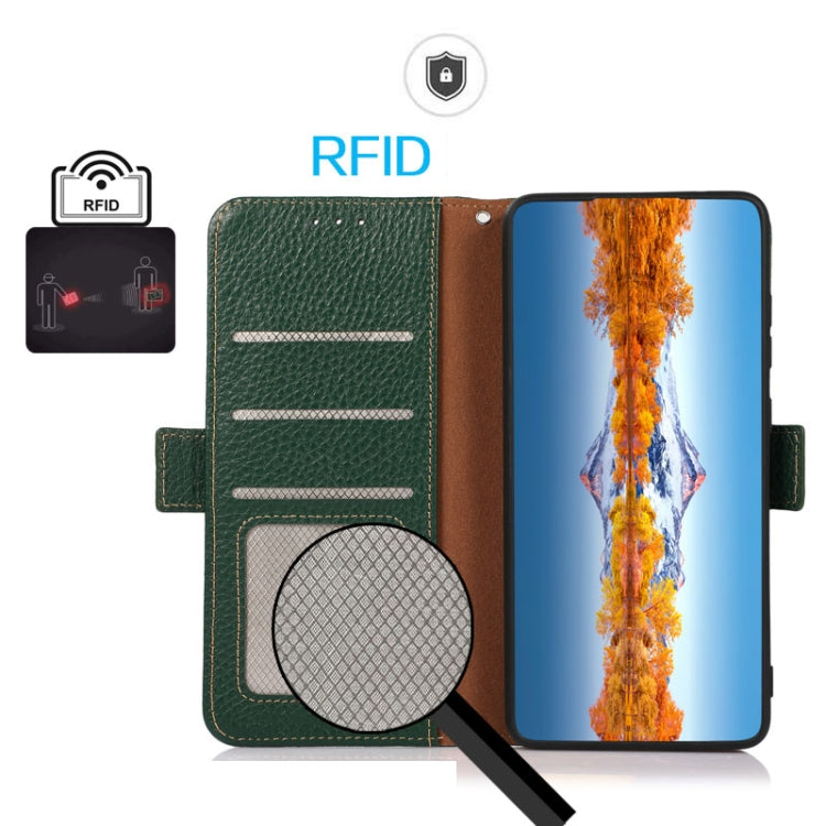 For OnePlus Nord CE 3 KHAZNEH Side-Magnetic Litchi Genuine Leather RFID Phone Case(Green) - OnePlus Cases by buy2fix | Online Shopping UK | buy2fix