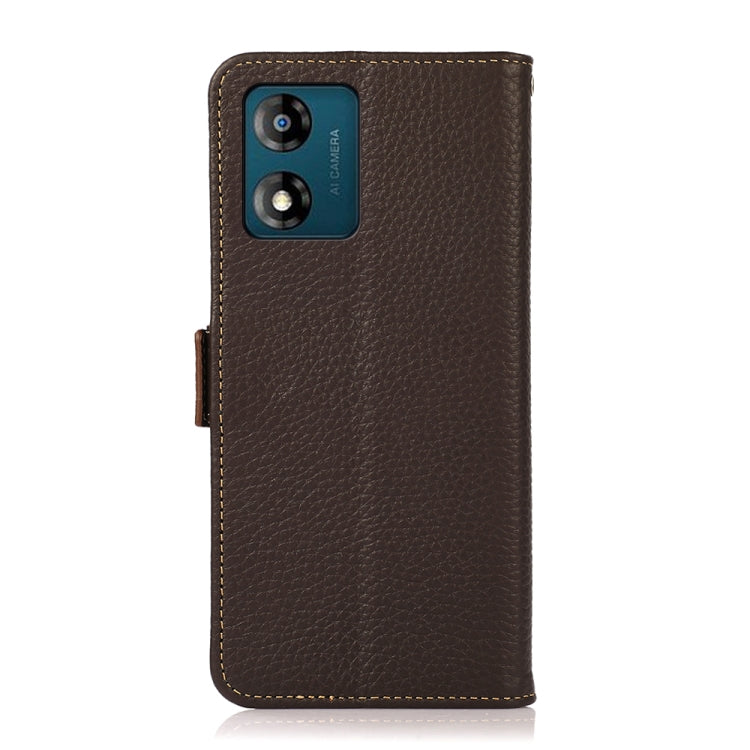 For Motorola Moto E13 2023 4G KHAZNEH Side-Magnetic Litchi Genuine Leather RFID Phone Case(Brown) - Motorola Cases by buy2fix | Online Shopping UK | buy2fix