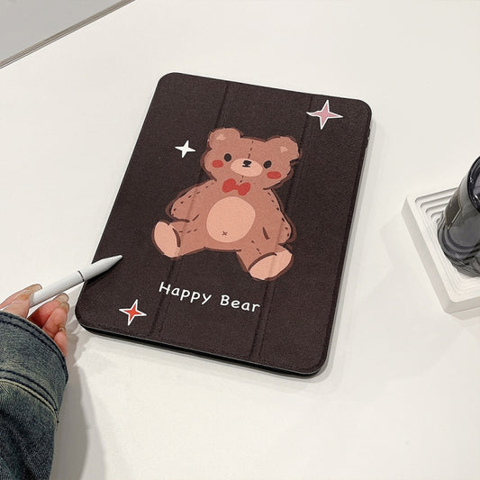 For iPad Air 11 2024 / iPad Pro 11 2022 / 2021 / 2020 / 2018 Acrylic Painted 3-fold Holder Leather Tablet Case(Happy Bear) by buy2fix