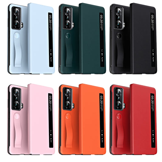 For Honor Magic Vs Side Window View Smart Litchi Pattern Leather Phone Case with Hand Strap(Pink) - Honor Cases by buy2fix | Online Shopping UK | buy2fix