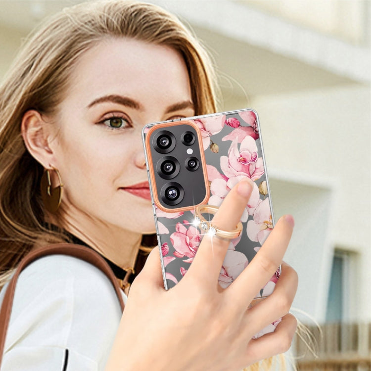 For Samsung Galaxy S25 Ultra 5G Flowers and Plants Series IMD TPU Phone Case with Ring Holder(Pink Gardenia) by buy2fix