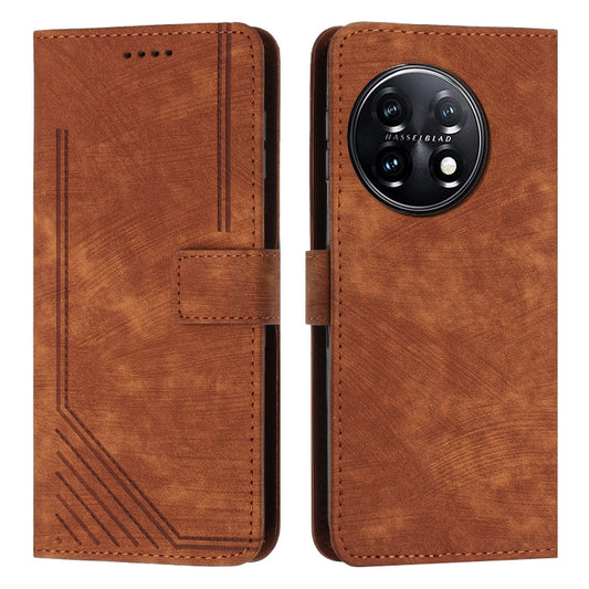 For OnePlus 11 Skin Feel Stripe Pattern Leather Phone Case with Lanyard(Brown) by buy2fix