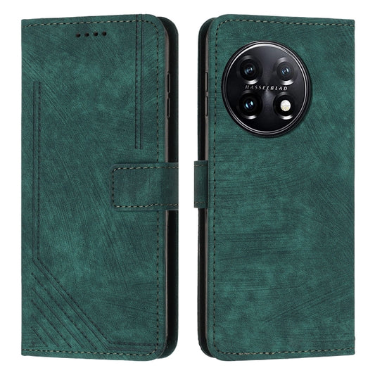 For OnePlus 11 Skin Feel Stripe Pattern Leather Phone Case with Lanyard(Green) by buy2fix