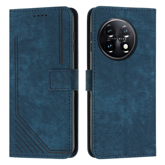 For OnePlus 11 Skin Feel Stripe Pattern Leather Phone Case with Lanyard(Blue) by buy2fix