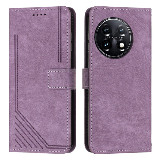 For OnePlus 11 Skin Feel Stripe Pattern Leather Phone Case with Lanyard(Purple) by buy2fix