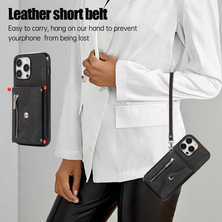 For iPhone 14 Zipper RFID Card Slot Phone Case with Short Lanyard(Black) - iPhone 14 Cases by buy2fix | Online Shopping UK | buy2fix