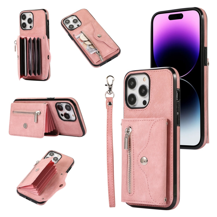 For iPhone 14 Plus Zipper RFID Card Slot Phone Case with Short Lanyard(Rose Gold) - iPhone 14 Plus Cases by buy2fix | Online Shopping UK | buy2fix