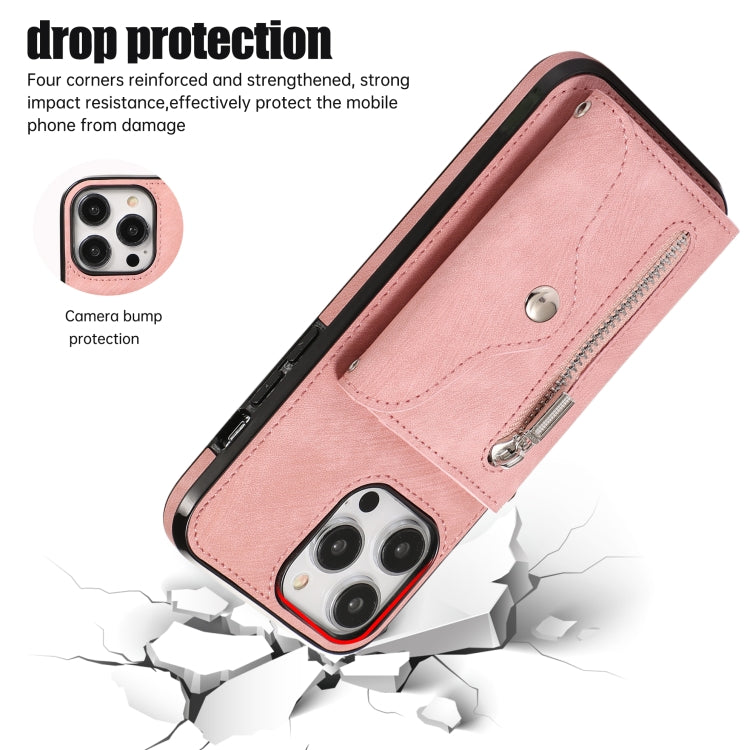For iPhone 14 Plus Zipper RFID Card Slot Phone Case with Short Lanyard(Rose Gold) - iPhone 14 Plus Cases by buy2fix | Online Shopping UK | buy2fix