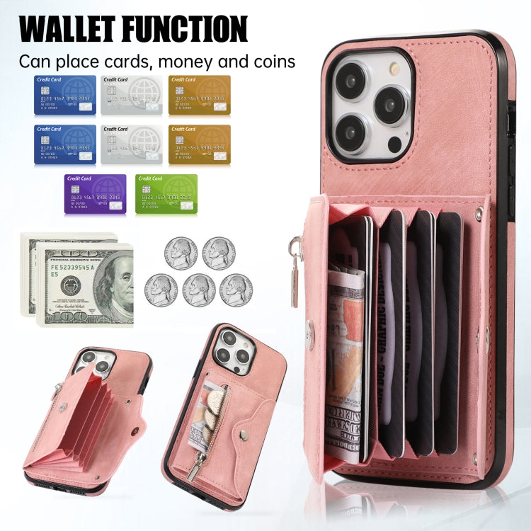 For iPhone 14 Plus Zipper RFID Card Slot Phone Case with Short Lanyard(Rose Gold) - iPhone 14 Plus Cases by buy2fix | Online Shopping UK | buy2fix