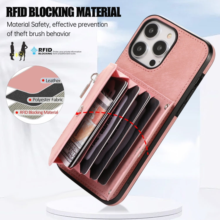 For iPhone 14 Plus Zipper RFID Card Slot Phone Case with Short Lanyard(Rose Gold) - iPhone 14 Plus Cases by buy2fix | Online Shopping UK | buy2fix