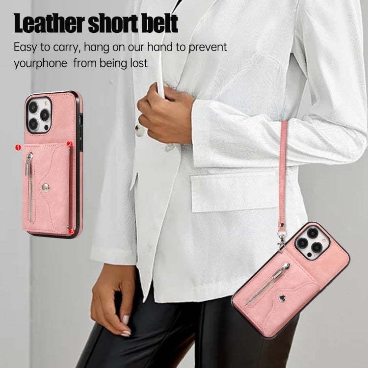 For iPhone 14 Plus Zipper RFID Card Slot Phone Case with Short Lanyard(Rose Gold) - iPhone 14 Plus Cases by buy2fix | Online Shopping UK | buy2fix