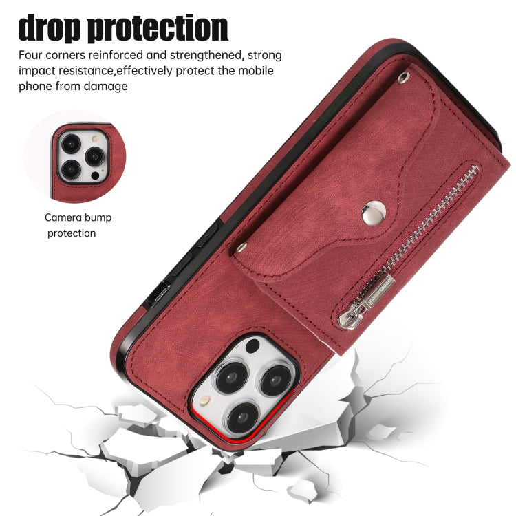 For iPhone 14 Plus Zipper RFID Card Slot Phone Case with Short Lanyard(Red) - iPhone 14 Plus Cases by buy2fix | Online Shopping UK | buy2fix