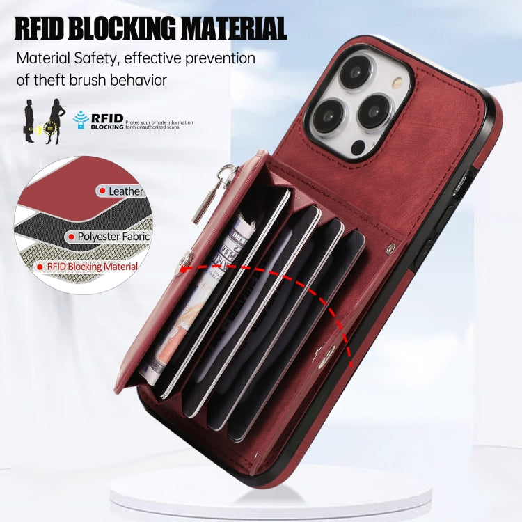 For iPhone 14 Plus Zipper RFID Card Slot Phone Case with Short Lanyard(Red) - iPhone 14 Plus Cases by buy2fix | Online Shopping UK | buy2fix