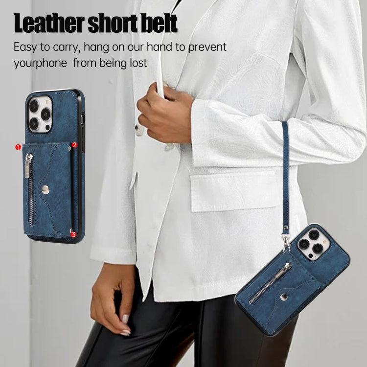 For iPhone 14 Plus Zipper RFID Card Slot Phone Case with Short Lanyard(Blue) - iPhone 14 Plus Cases by buy2fix | Online Shopping UK | buy2fix