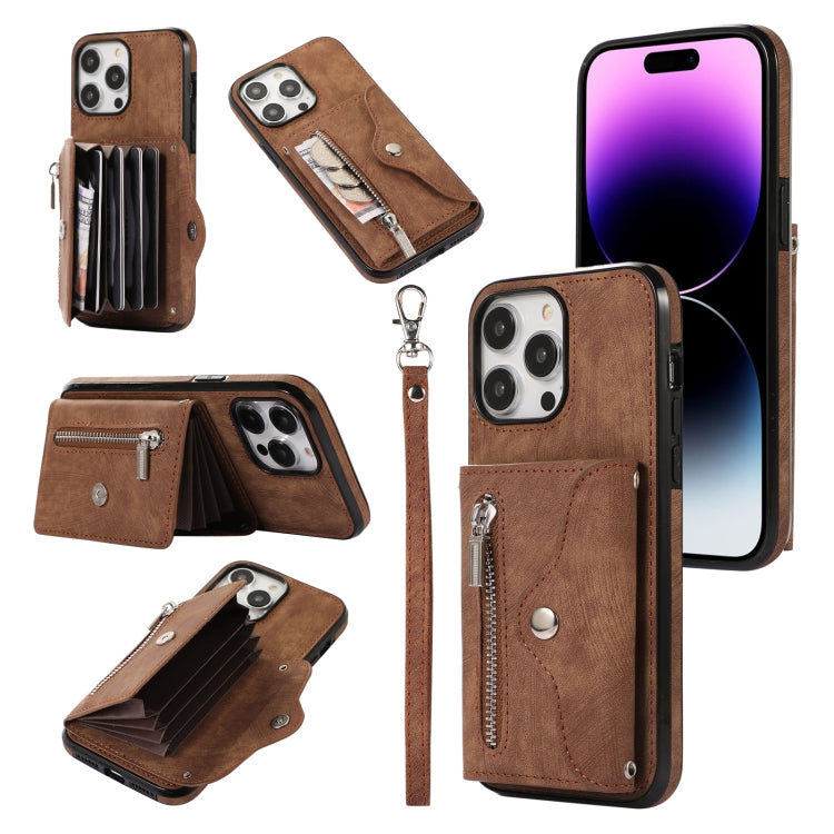 For iPhone 14 Plus Zipper RFID Card Slot Phone Case with Short Lanyard(Brown) - iPhone 14 Plus Cases by buy2fix | Online Shopping UK | buy2fix