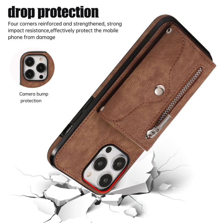For iPhone 14 Plus Zipper RFID Card Slot Phone Case with Short Lanyard(Brown) - iPhone 14 Plus Cases by buy2fix | Online Shopping UK | buy2fix