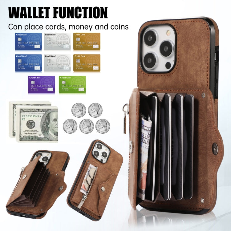 For iPhone 14 Plus Zipper RFID Card Slot Phone Case with Short Lanyard(Brown) - iPhone 14 Plus Cases by buy2fix | Online Shopping UK | buy2fix