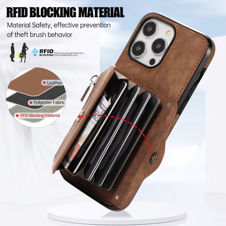 For iPhone 14 Plus Zipper RFID Card Slot Phone Case with Short Lanyard(Brown) - iPhone 14 Plus Cases by buy2fix | Online Shopping UK | buy2fix