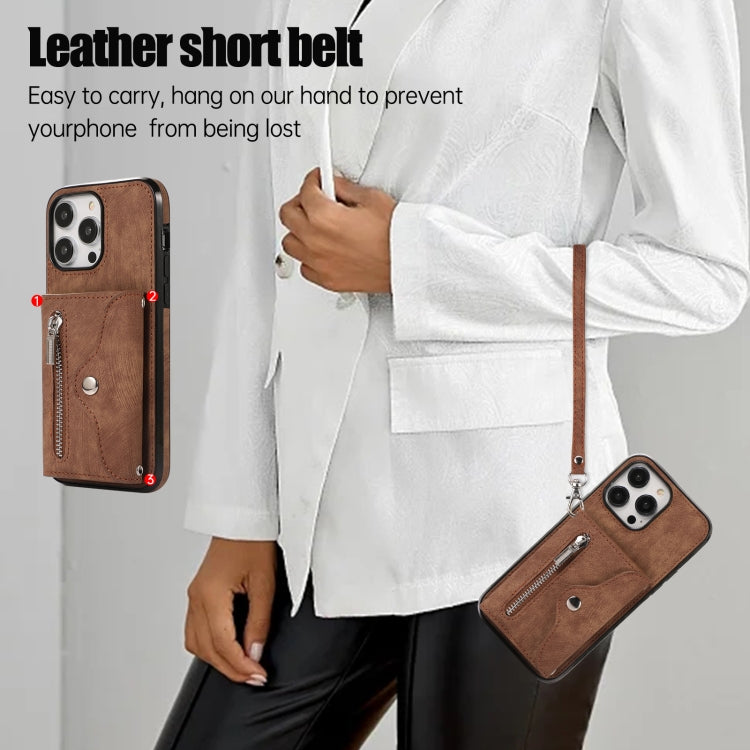 For iPhone 14 Plus Zipper RFID Card Slot Phone Case with Short Lanyard(Brown) - iPhone 14 Plus Cases by buy2fix | Online Shopping UK | buy2fix