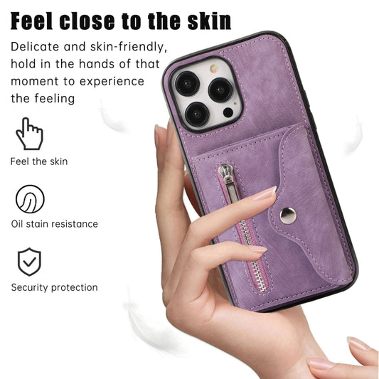 For iPhone 11 Pro Zipper RFID Card Slot Phone Case with Short Lanyard(Purple) - iPhone 11 Pro Cases by buy2fix | Online Shopping UK | buy2fix