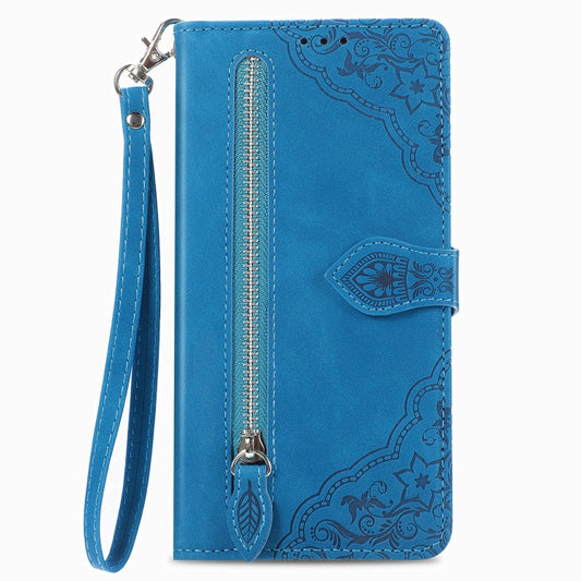 For Blackview A85 Embossed Flower Zipper Leather Phone Case(Blue) by buy2fix