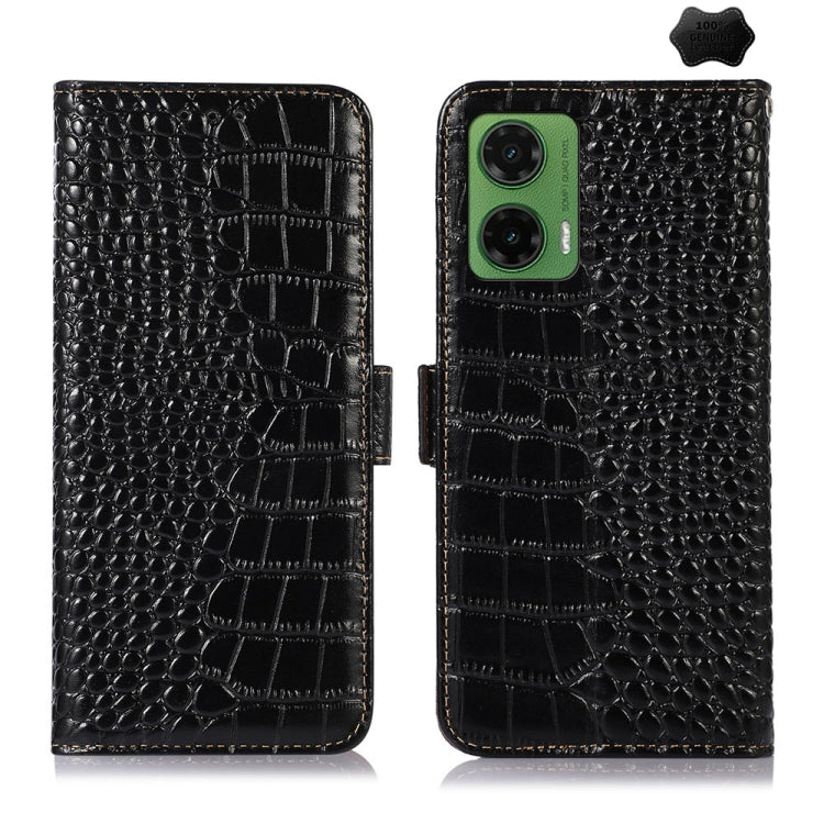 For Motorola Moto G35 Crocodile Top Layer Cowhide Leather Phone Case(Black) - Motorola Cases by buy2fix | Online Shopping UK | buy2fix
