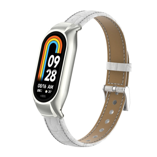 For Xiaomi Mi Band 8 Integrated Metal Case + Cocodile Texture Leather Watch Band(White) by buy2fix