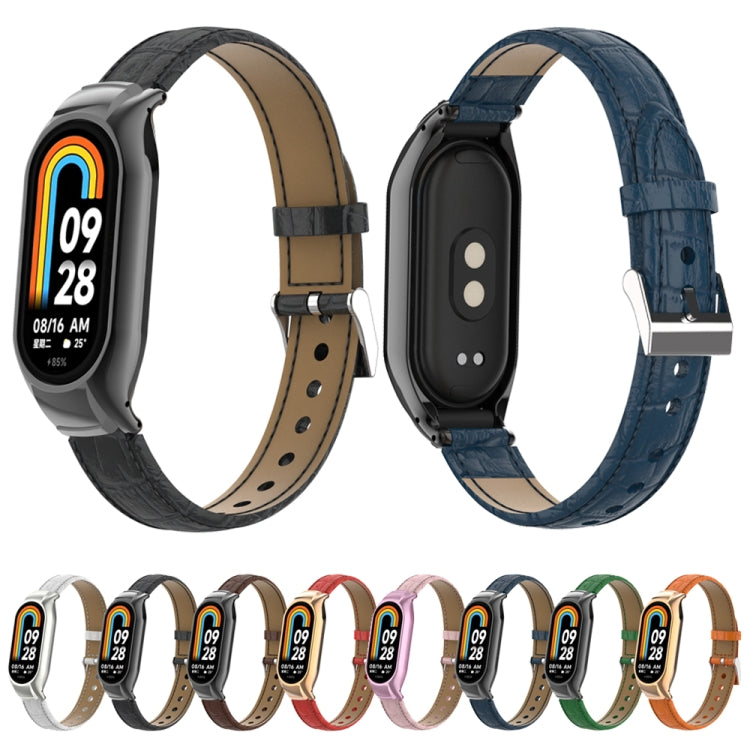 For Xiaomi Mi Band 8 Integrated Metal Case + Cocodile Texture Leather Watch Band(White) by buy2fix