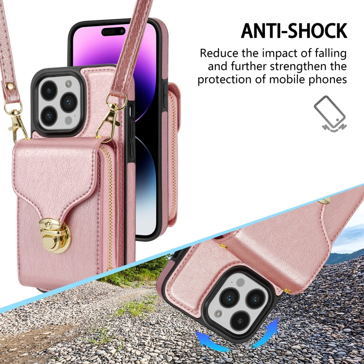 For iPhone 14 Pro Max Zipper Hardware Card Wallet Phone Case(Rose Gold) - iPhone 14 Pro Max Cases by buy2fix | Online Shopping UK | buy2fix
