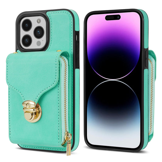 For iPhone 14 Pro Max Zipper Hardware Card Wallet Phone Case(Mint Green) - iPhone 14 Pro Max Cases by buy2fix | Online Shopping UK | buy2fix