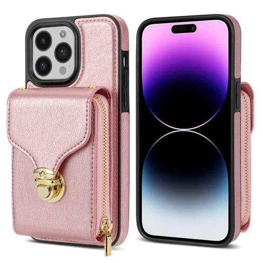 For iPhone 14 Pro Zipper Hardware Card Wallet Phone Case(Rose Gold) - iPhone 14 Pro Cases by buy2fix | Online Shopping UK | buy2fix