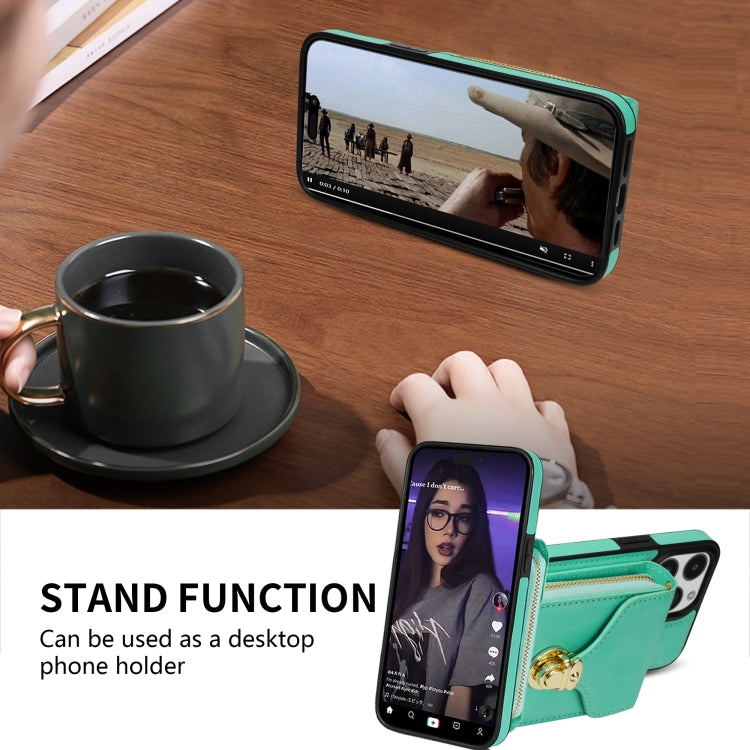 For iPhone 14 Plus Zipper Hardware Card Wallet Phone Case(Mint Green) - iPhone 14 Plus Cases by buy2fix | Online Shopping UK | buy2fix
