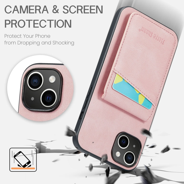 For iPhone 14 Fierre Shann Crazy Horse Card Holder Back Cover PU Phone Case(Pink) - iPhone 14 Cases by FIERRE SHANN | Online Shopping UK | buy2fix