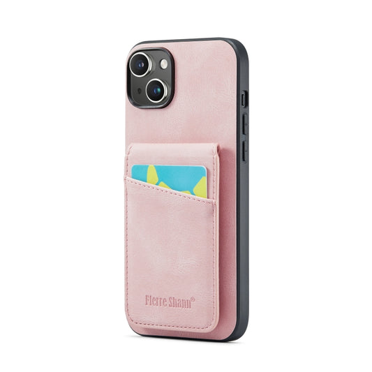 For iPhone 14 Plus Fierre Shann Crazy Horse Card Holder Back Cover PU Phone Case(Pink) - iPhone 14 Plus Cases by FIERRE SHANN | Online Shopping UK | buy2fix