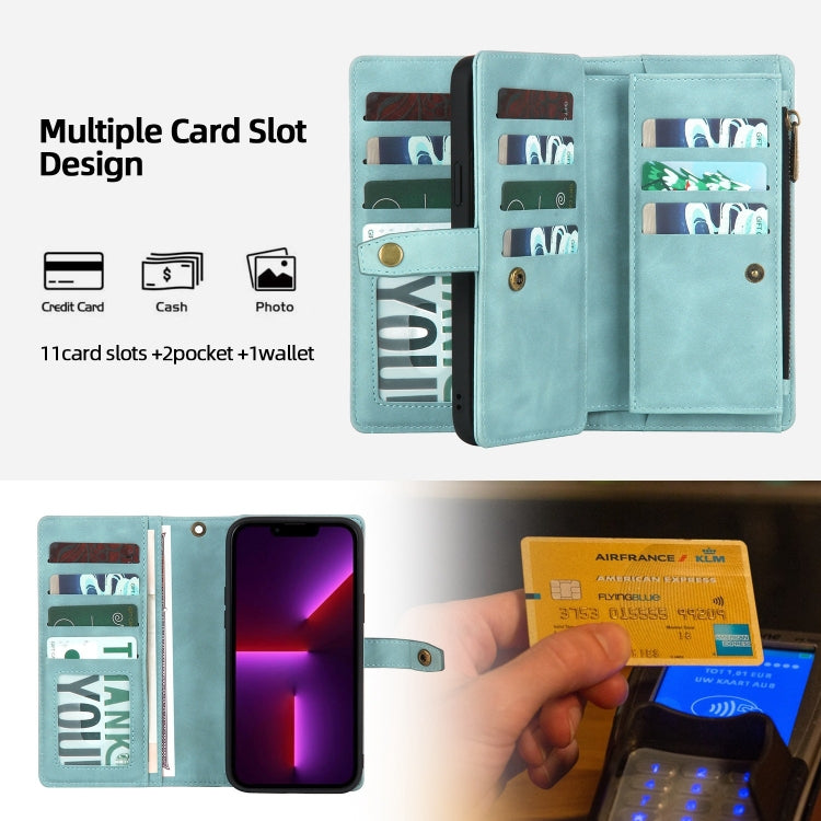 For iPhone 13 Pro Zipper Wallet Magnetic Detachable Leather Phone Case(Blue) by buy2fix