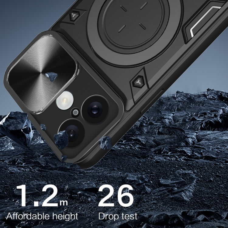 For iPhone 16 CD Texture Sliding Camshield Magnetic Holder Phone Case(Black) - iPhone 16 Cases by buy2fix | Online Shopping UK | buy2fix