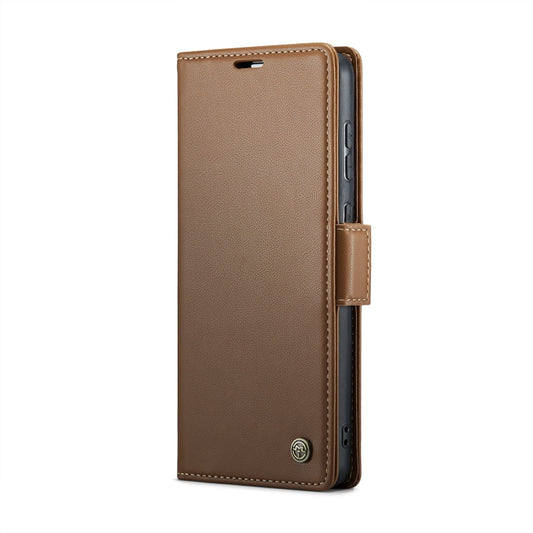 For Samsung Galaxy S21 FE 5G CaseMe 023 Butterfly Buckle Litchi Texture RFID Anti-theft Leather Phone Case(Brown) by CaseMe
