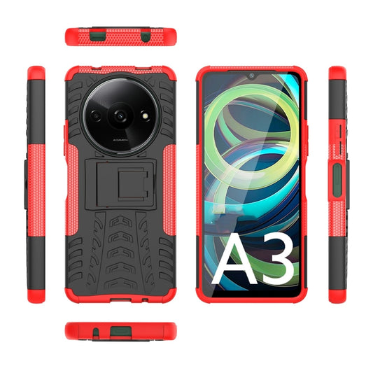 For Xiaomi Redmi A3 4G Tire Texture TPU + PC Phone Case with Holder(Red) by buy2fix
