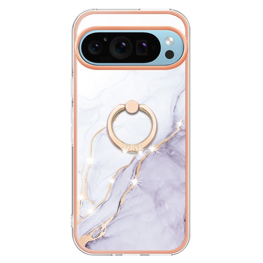 For Google Pixel 9 / 9 Pro Electroplating Marble IMD TPU Phone Case with Ring Holder(White 006) by buy2fix