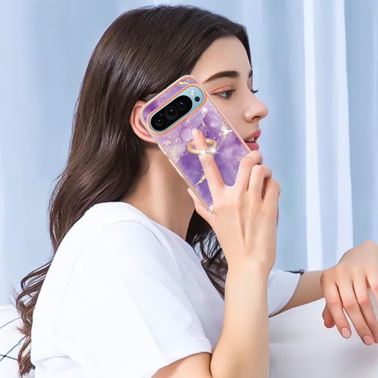 For Google Pixel 9 Pro XL Electroplating Marble IMD TPU Phone Case with Ring Holder(Purple 002) by buy2fix