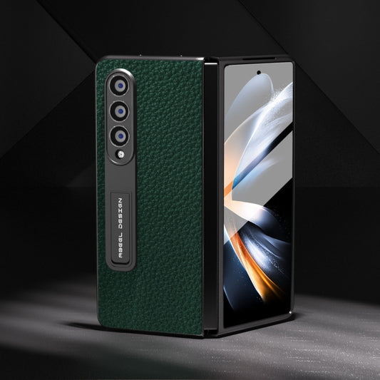 For Samsung Galaxy Z Fold3 5G Integrated Genuine Leather Litchi Texture Phone Case with Holder(Green) - Galaxy Phone Cases by buy2fix | Online Shopping UK | buy2fix